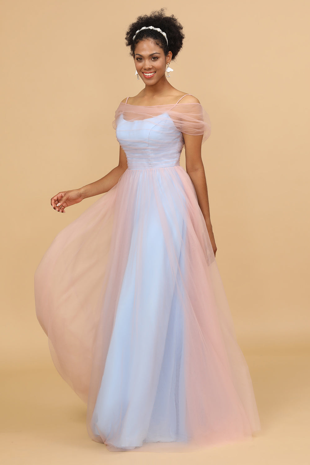 A Line Spaghetti Straps Pink&Blue Tulle Long Bridesmaid Dress