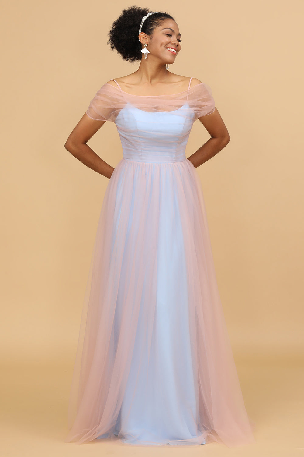 A Line Spaghetti Straps Pink&Blue Tulle Long Bridesmaid Dress