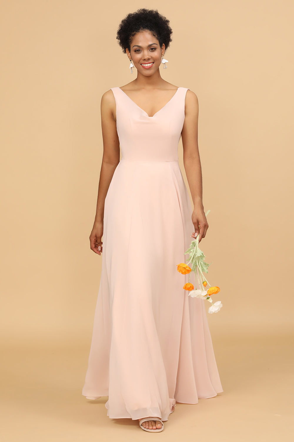 A Line V Neck Blush Chiffon Long Bridesmaid Dress