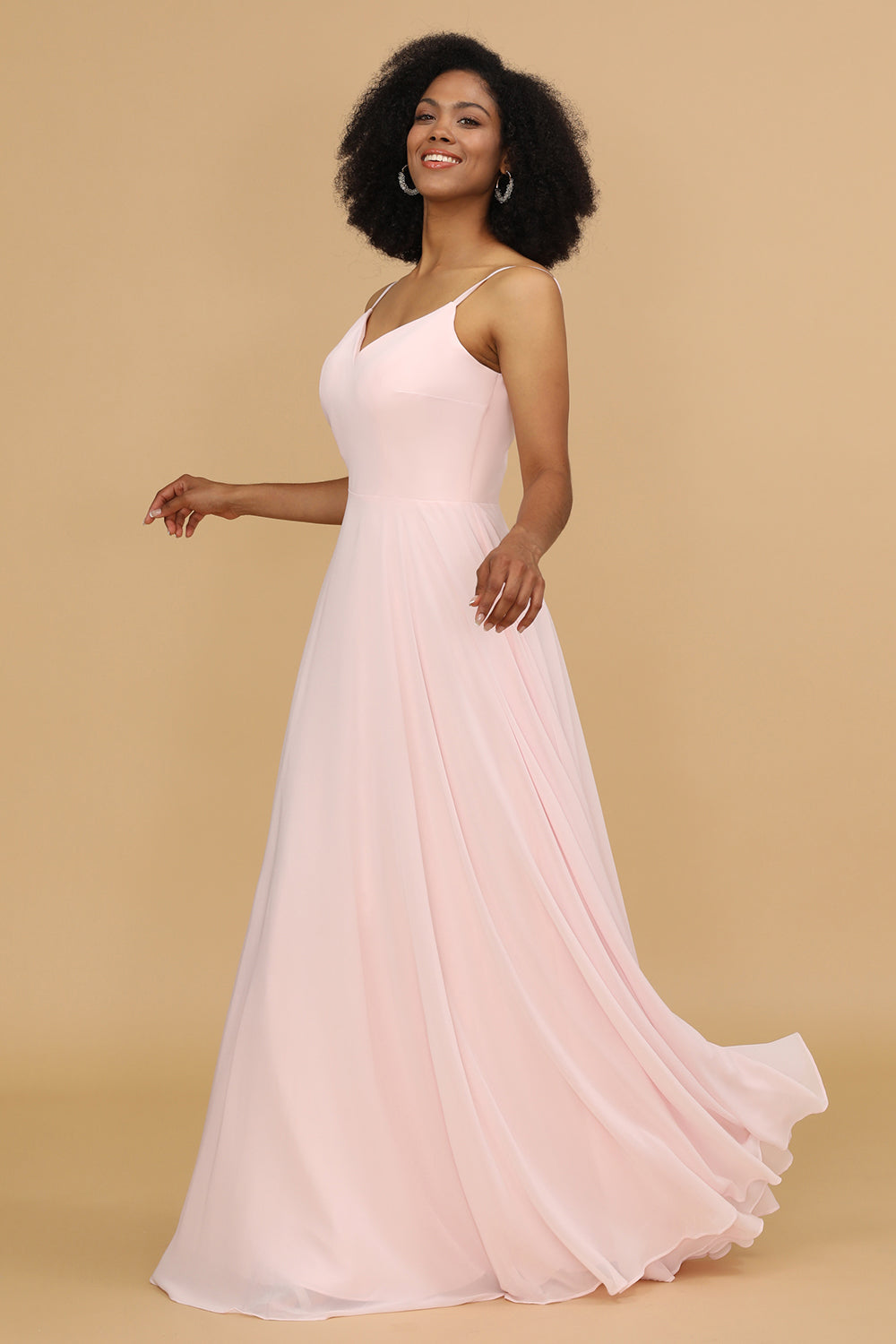 A Line Spaghetti Straps Pink Chiffon Long Bridesmaid Dress