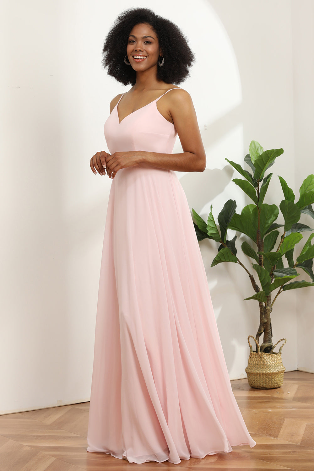 A Line Spaghetti Straps Pink Chiffon Long Bridesmaid Dress