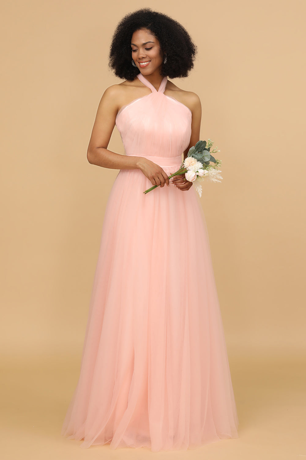 Blush Halter Tulle Long Bridesmaid Dress