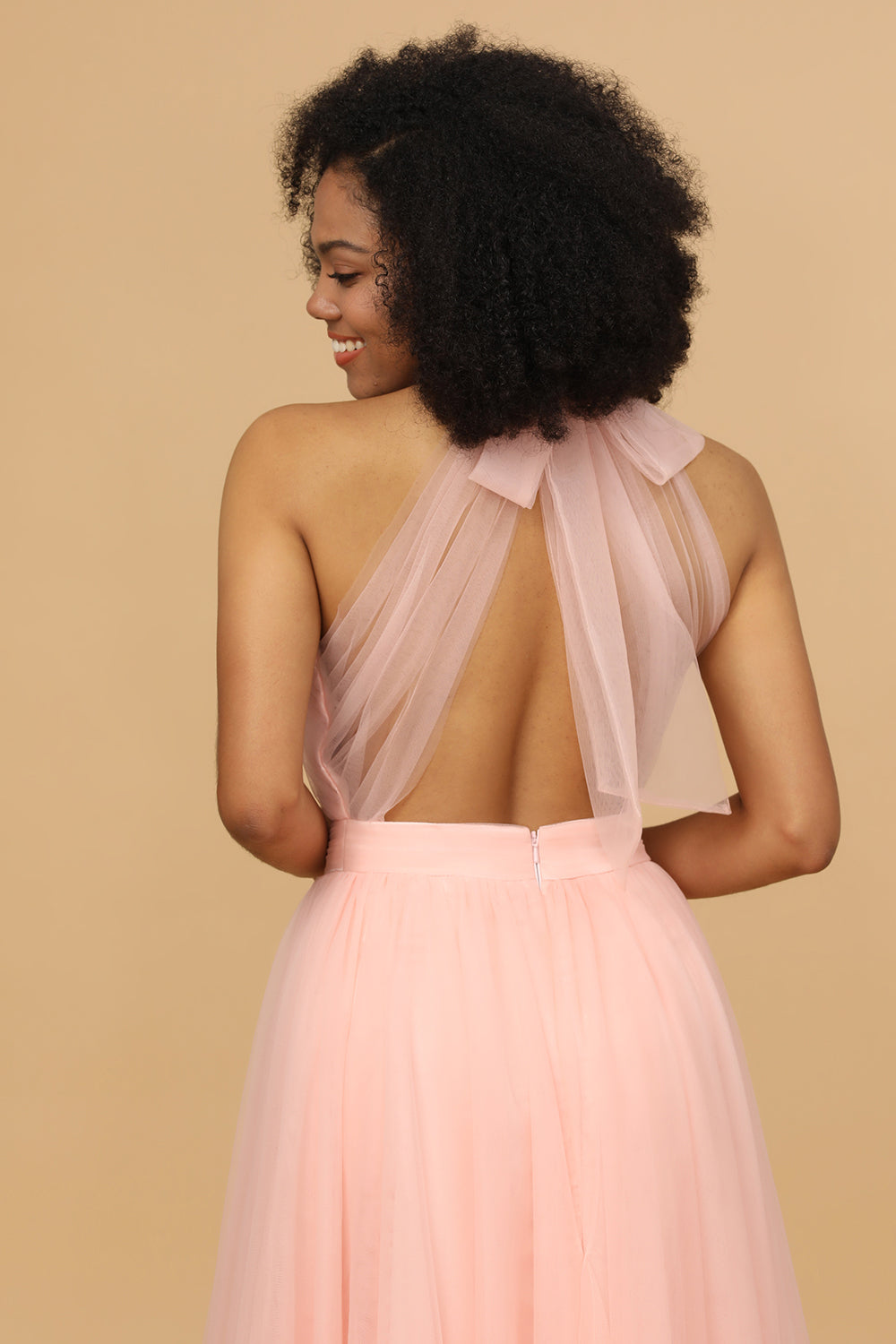 Blush Halter Tulle Long Bridesmaid Dress