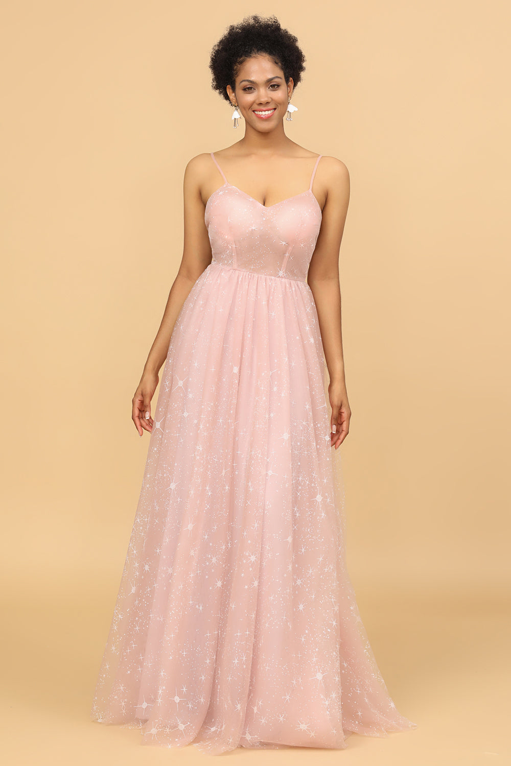 A Line Spaghetti Straps Blush Long Bridesmaid Dress