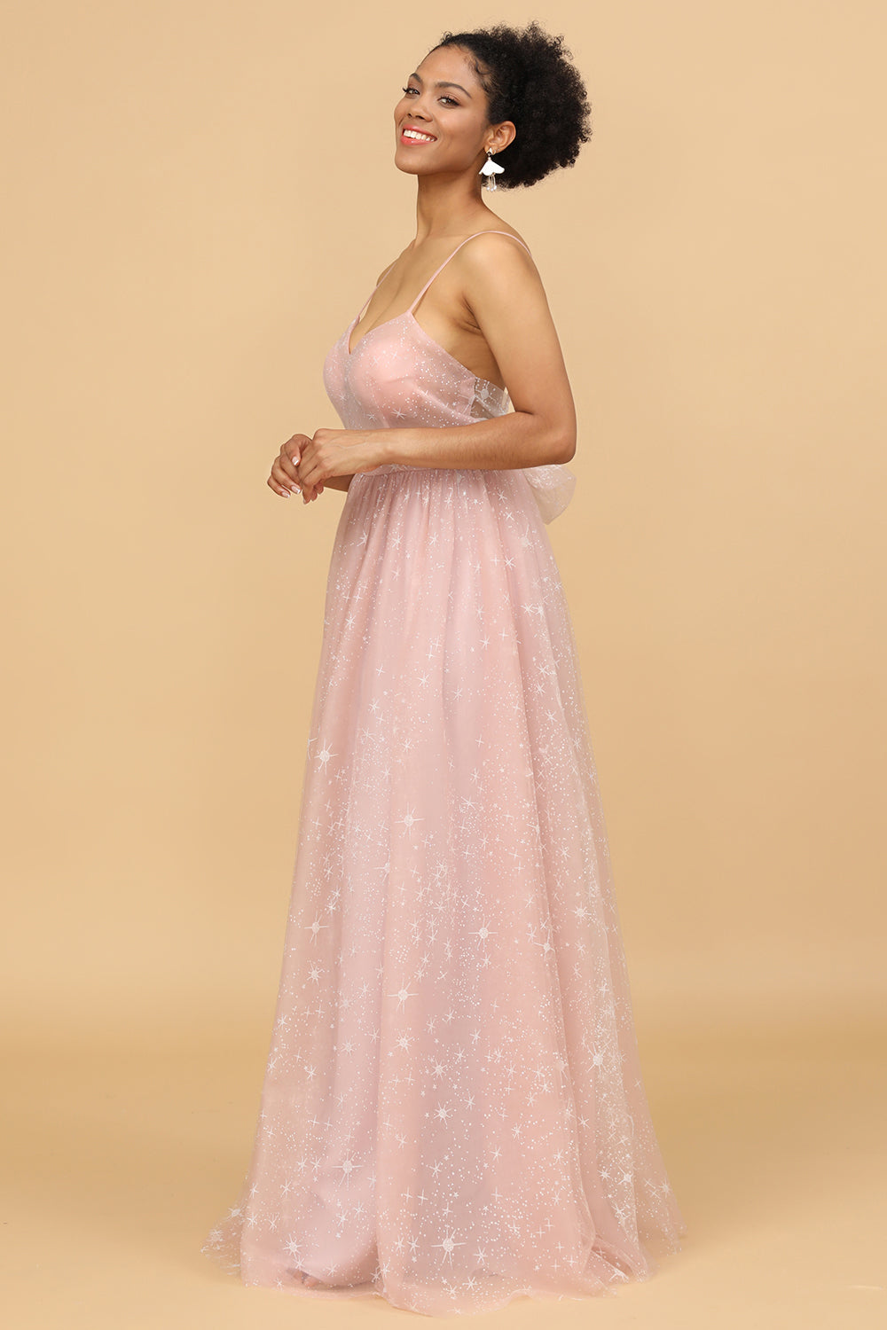 A Line Spaghetti Straps Blush Long Bridesmaid Dress