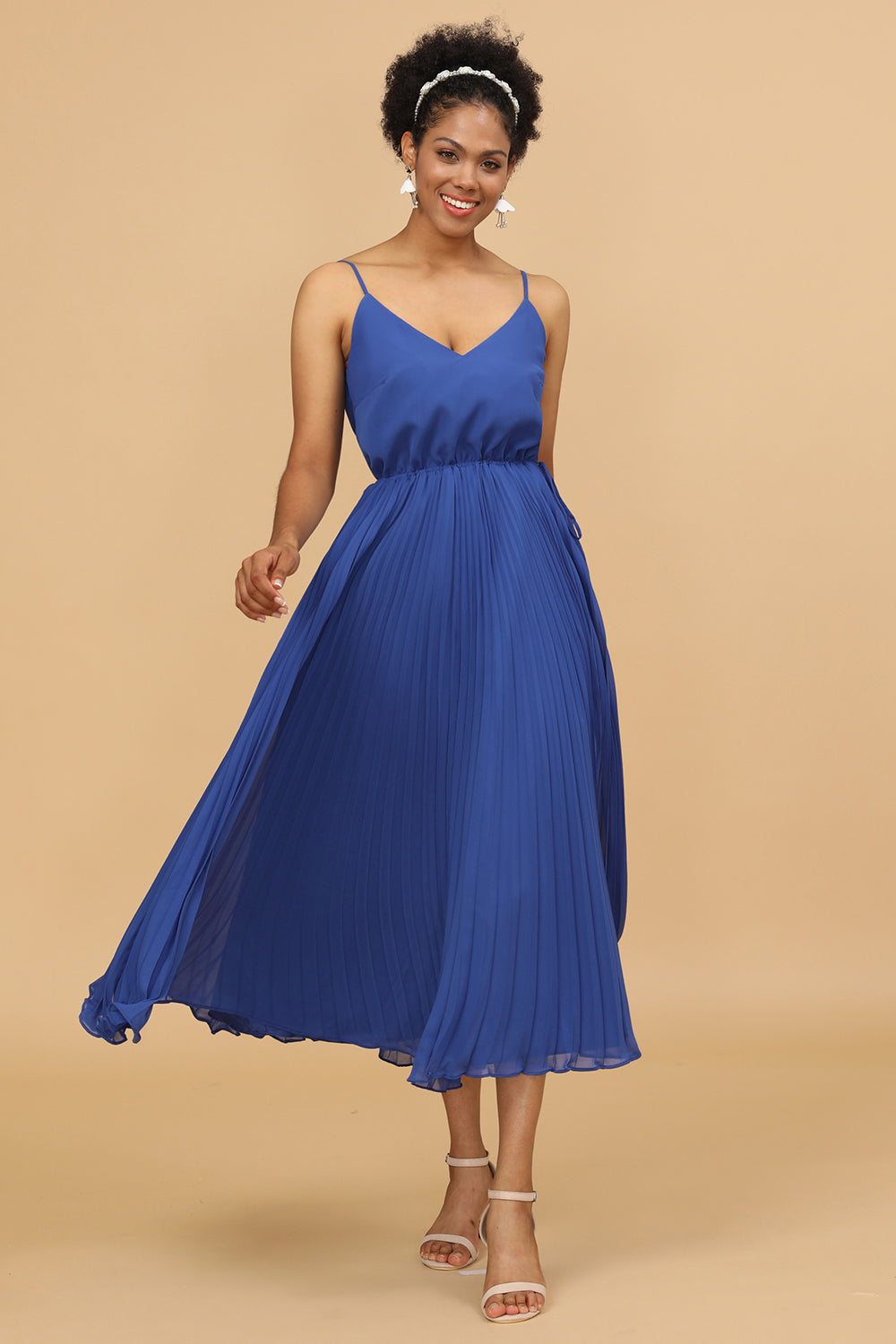 A Line Spaghetti Straps Royal Blue Tea Length Bridesmaid Dress