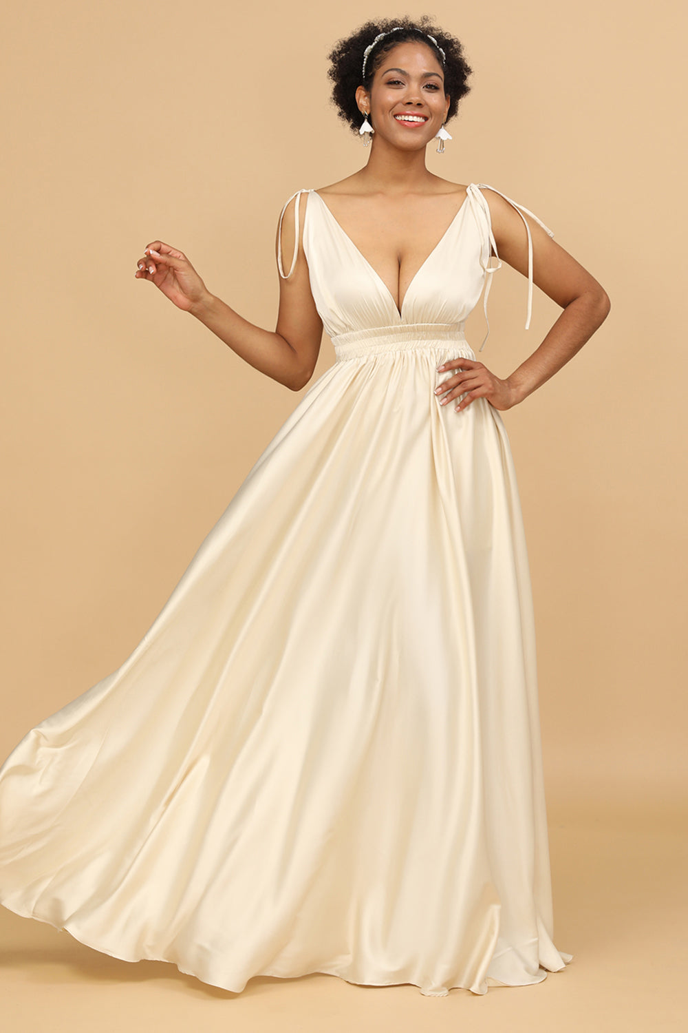 Ivory Deep V-Neck Backless Long Bridesmaid Dress