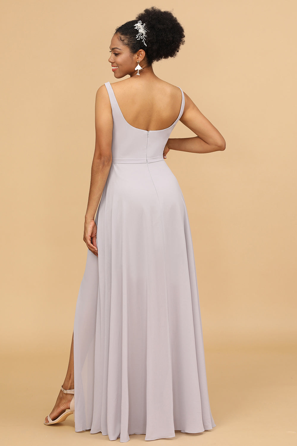 Grey Square Neck Chiffon Bridesmaid Dress