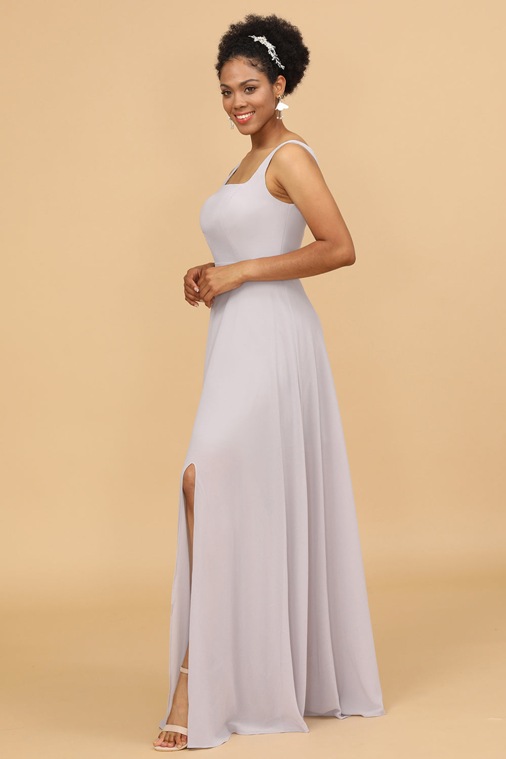 Grey Square Neck Chiffon Bridesmaid Dress