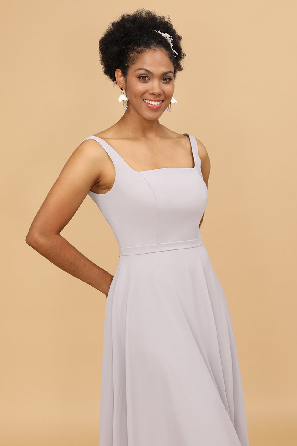 Grey Square Neck Chiffon Bridesmaid Dress