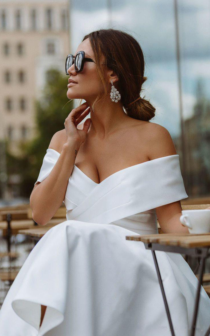 A-Line Satin Tea Length White Off the Shoulder Wedding Dress