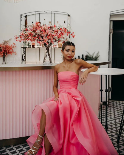Elisa |Light Pink A Line Strapless Organza Prom Dress
