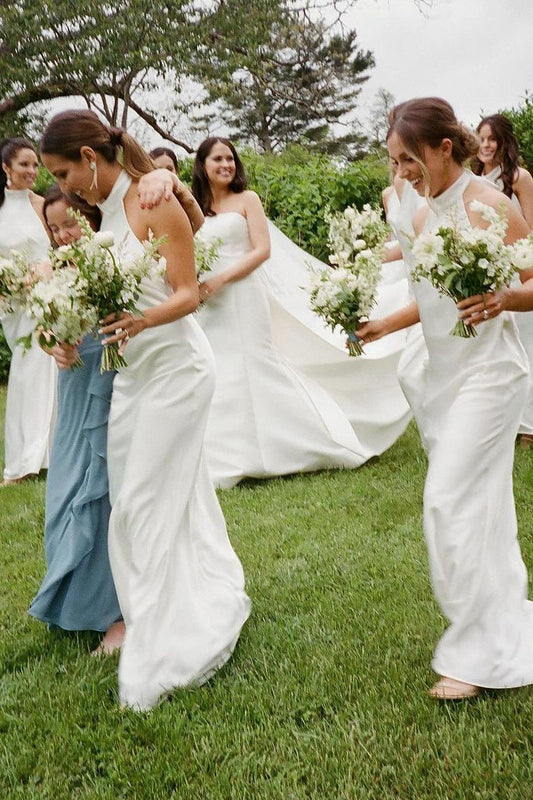 Rosalinda | Sheath Halter White Silk Satin Long Bridesmaid Dresses