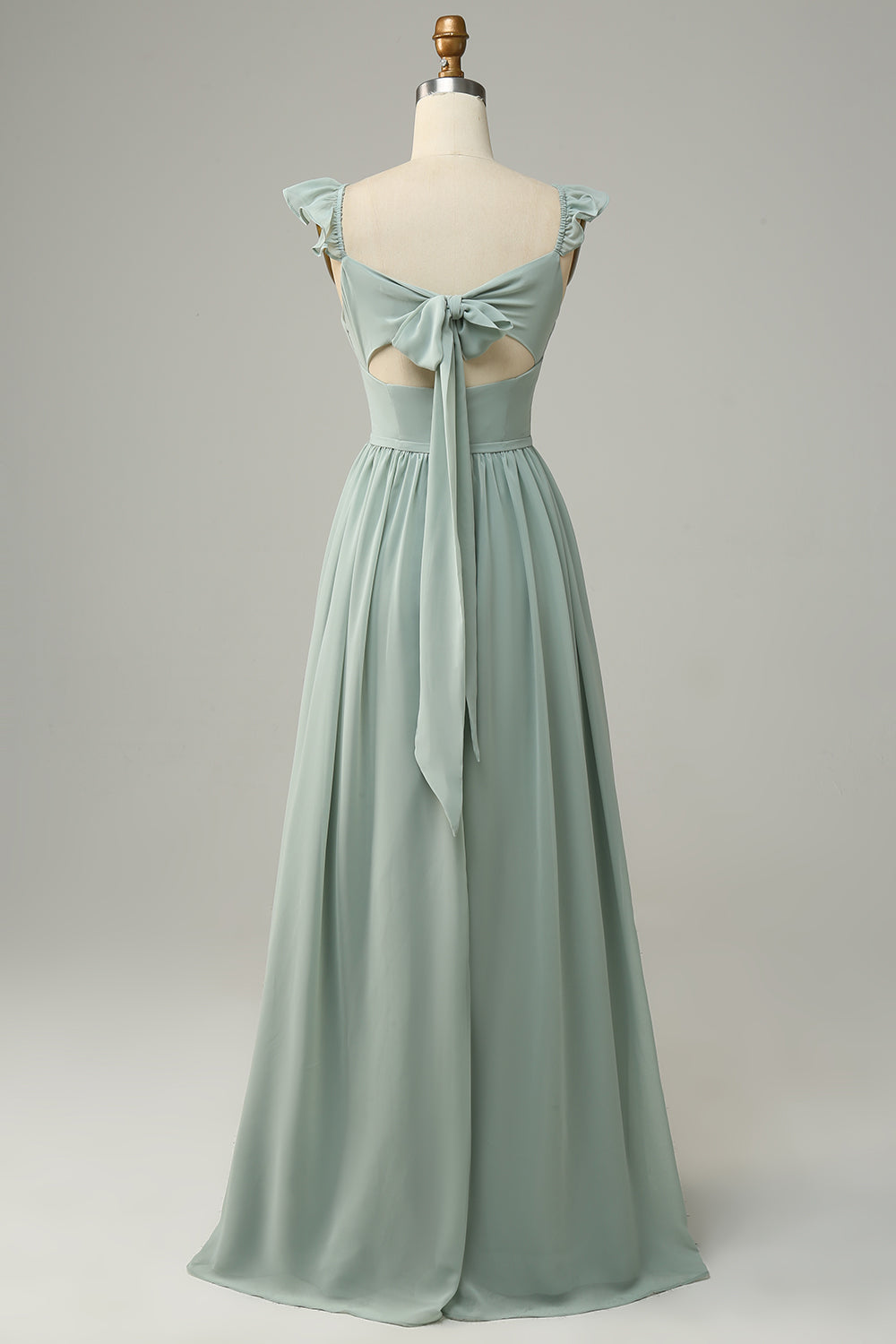 A Line Spaghetti Straps Dusty Sage Long Bridesmaid Dress with Ruffles