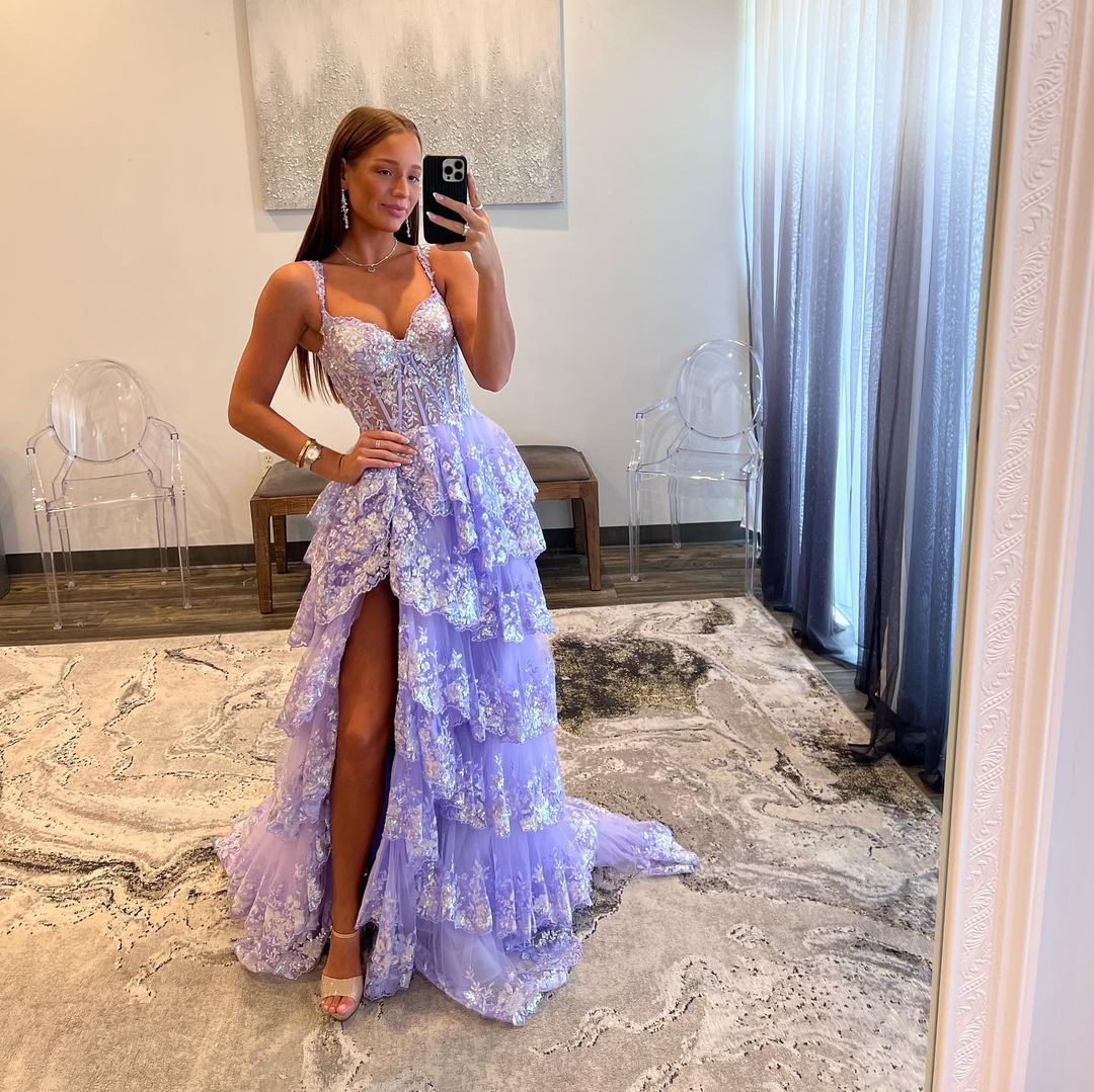 Capri | A-Line Lace Off-the-Shoulder Tiered Long Prom Dress with Slit