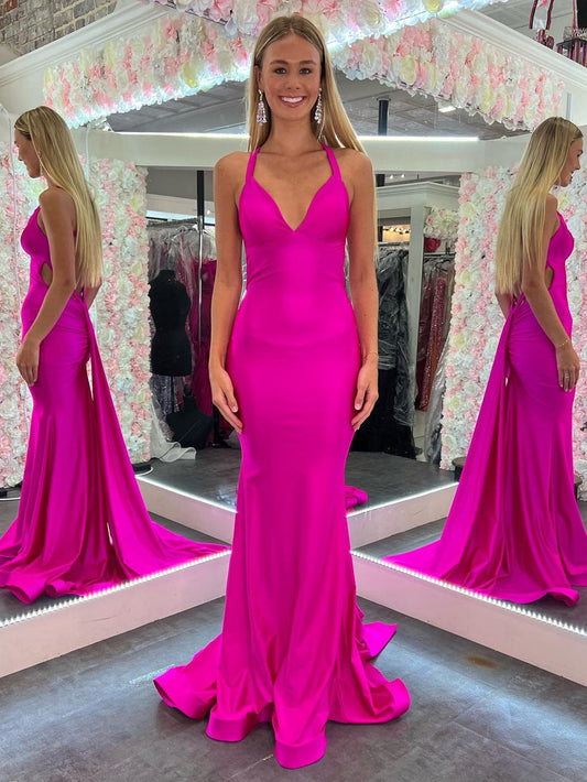 Angela |Mermaid Pink V Neck Backless Satin Long Prom Dress