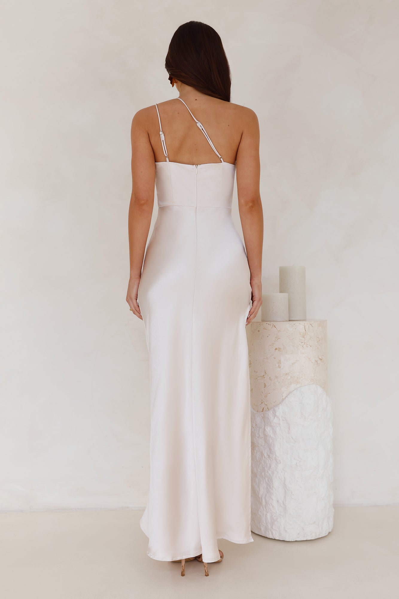 Luxe Charm One Shoulder Satin Maxi Dress Champagne