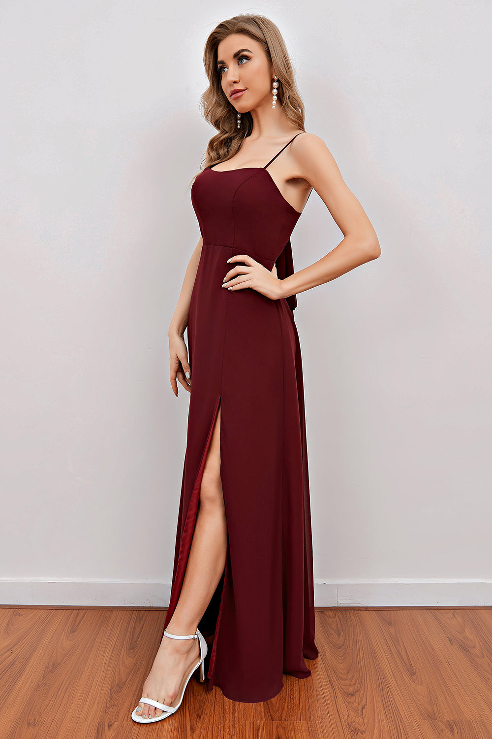 Burgundy Spaghetti Straps Long Bridesmaid Dress with Split