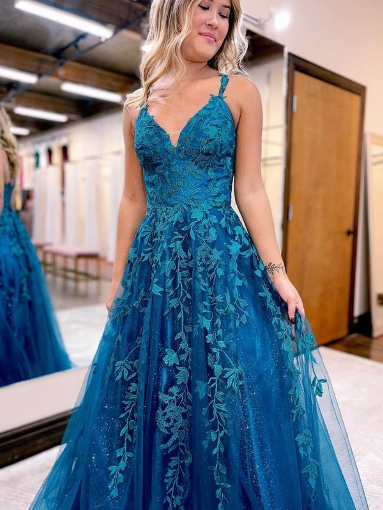 Veronica |A Line Ink Blue Glitter Tulle Lace Prom Dress