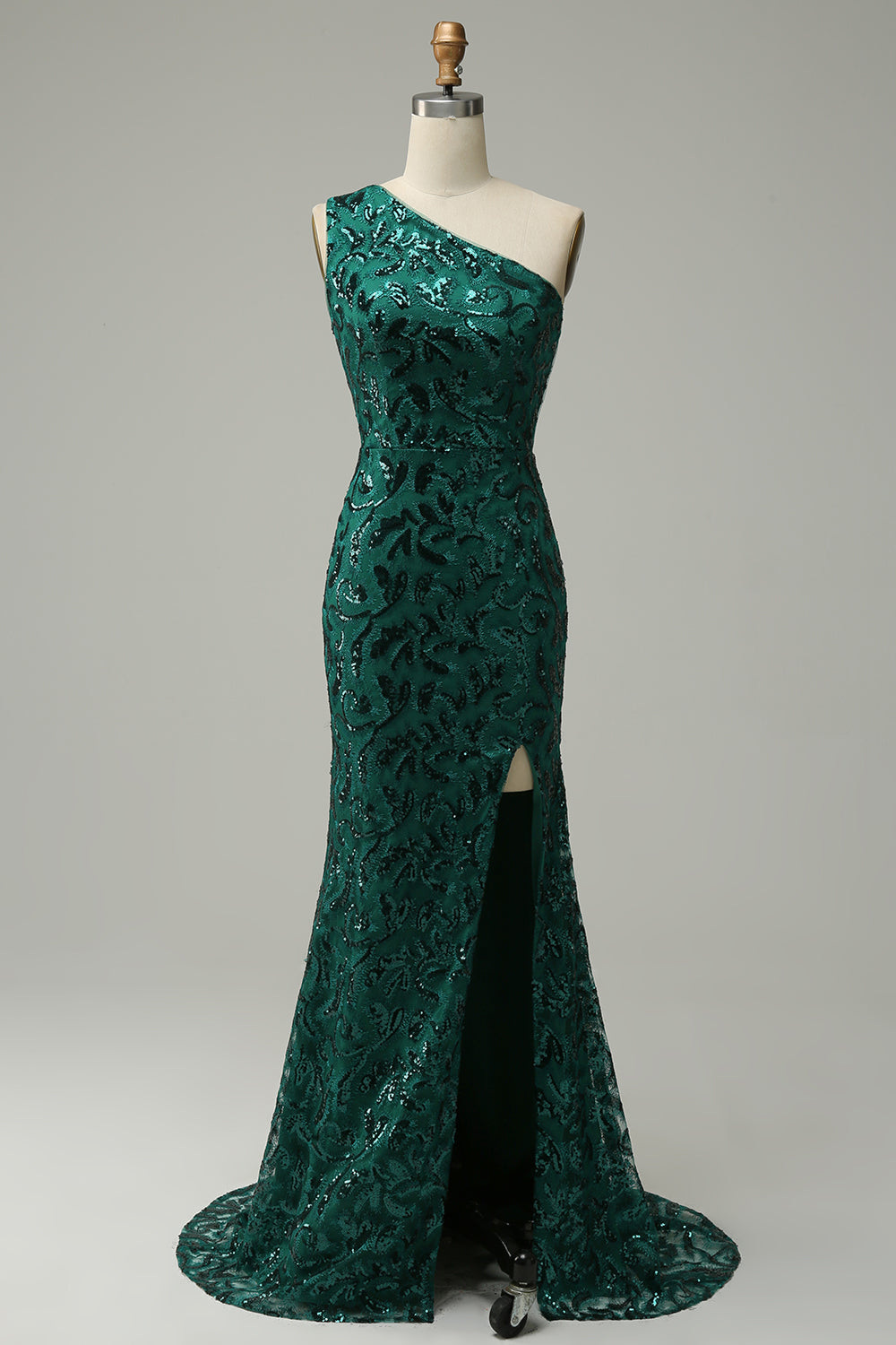 Mermaid One Shoulder Dark Green Sequins Long Prom Dress with Split Front