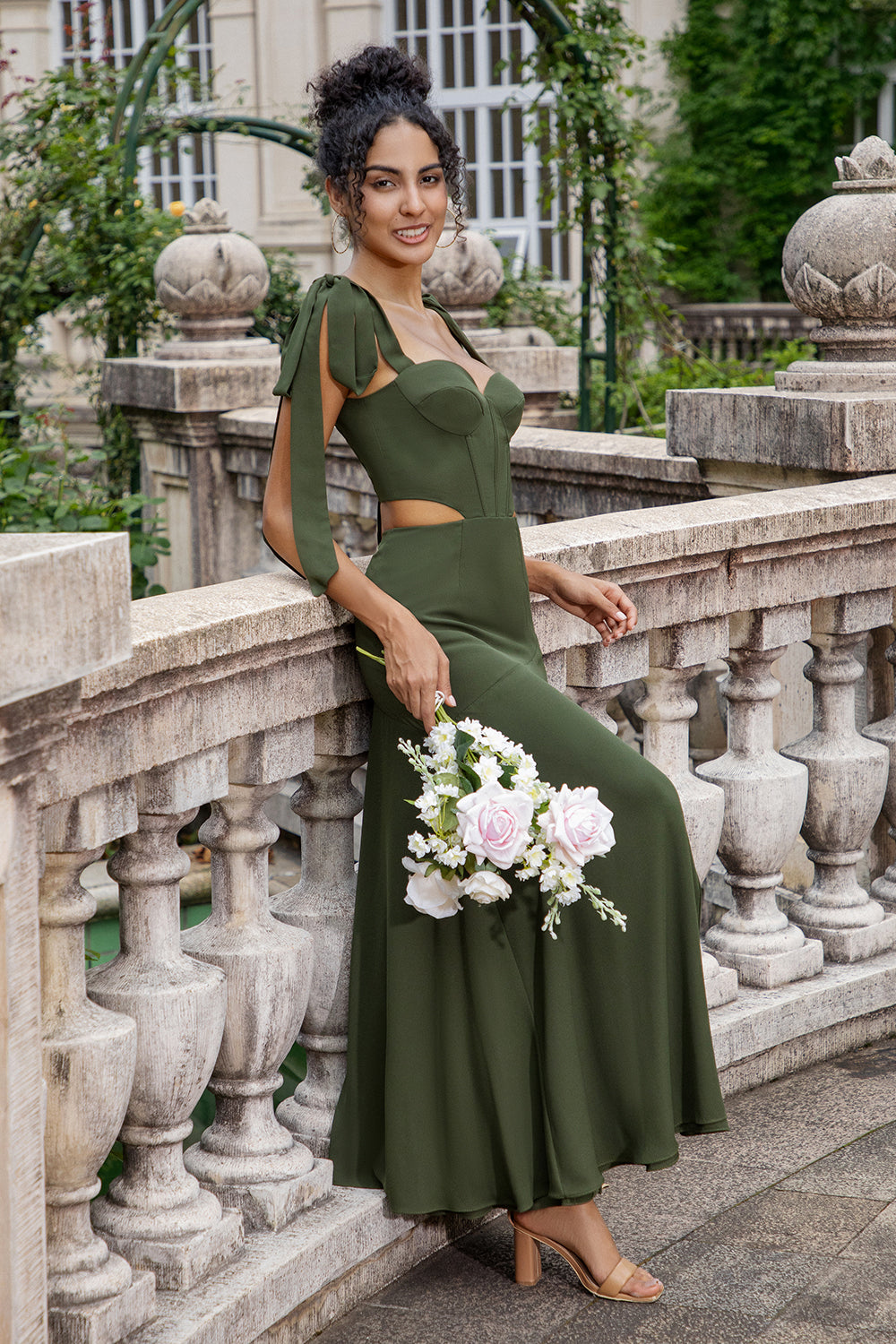 Olive A Line Spaghetti Straps Floor Length Bridesmaid with Slit