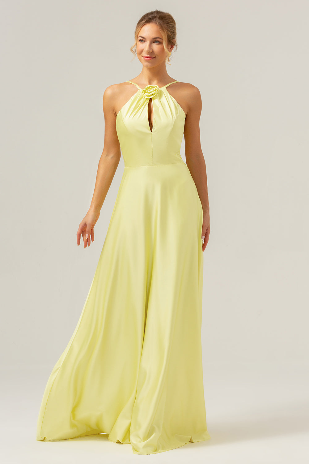 Yellow A Line Halter Cut Out Backless Long Bridesmaid Dress with Flower