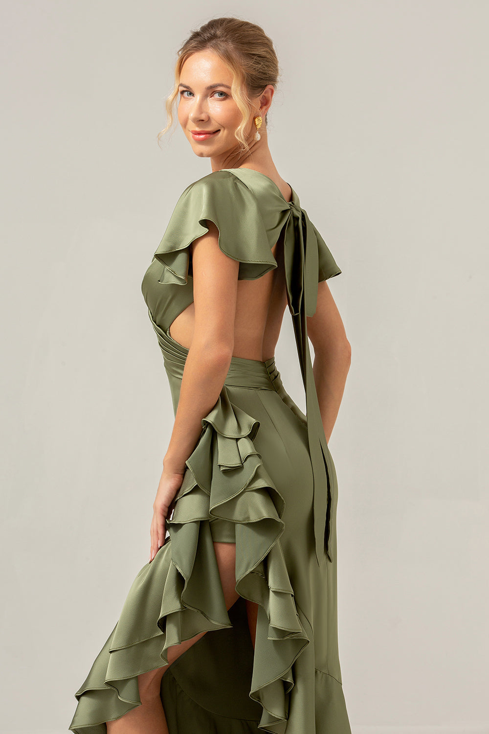 Olive A Line V Neck Satin Asymmetrical Bridesmaid Dress with Ruffle Slit