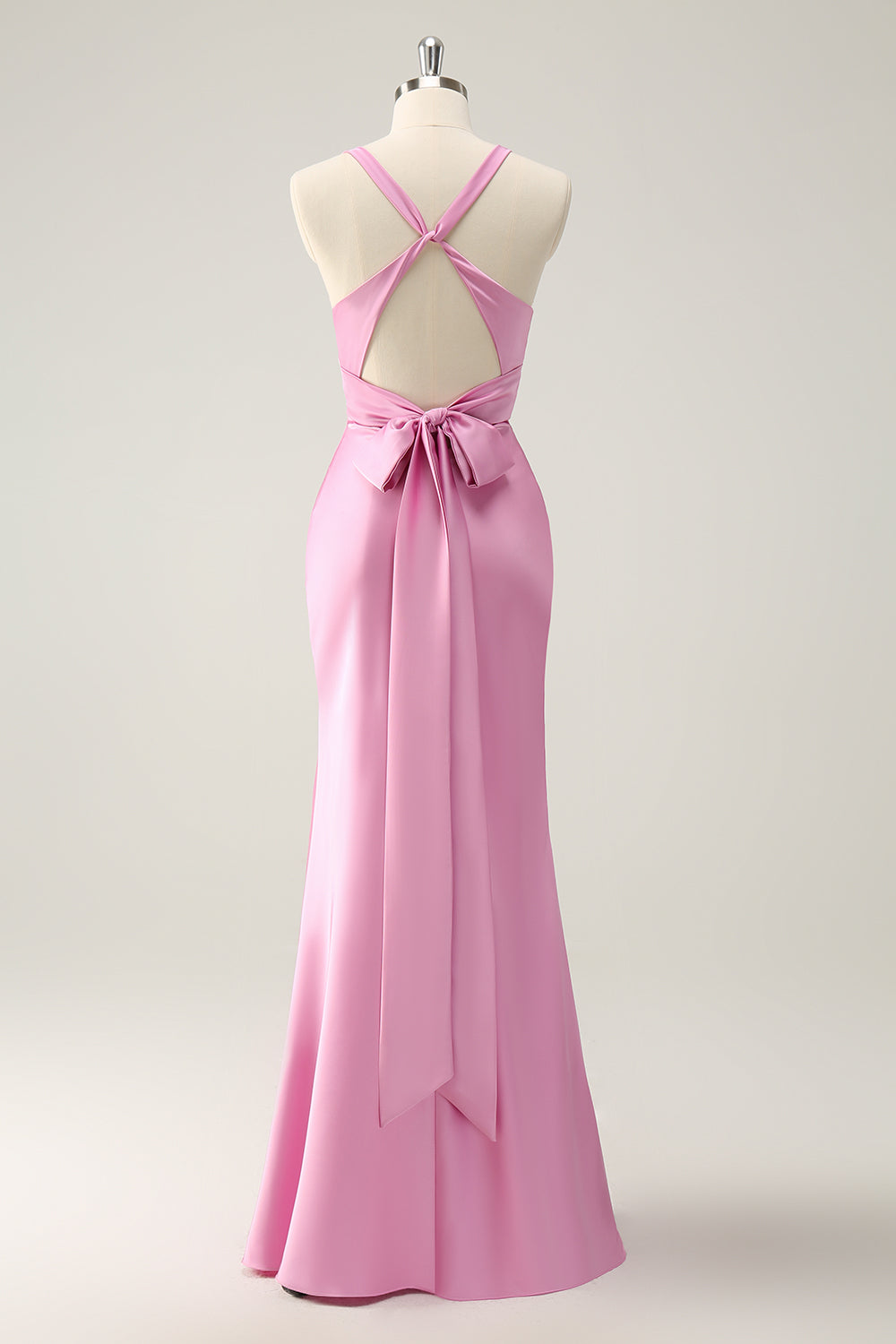 Pink V-Neck Mermaid Satin Long Bridesmaid Dress