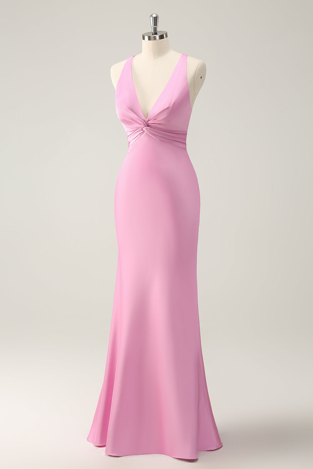 Pink V-Neck Mermaid Satin Long Bridesmaid Dress