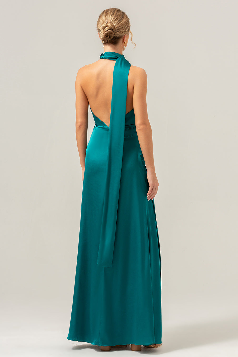 Peacock Sheath V-Neck Backless Long Bridesmaid Dress with Slit