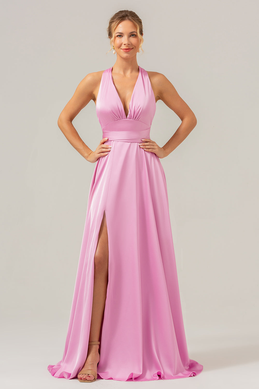 Pink A Line V-Neck Backless Satin Long Bridesmaid Dress with Slit