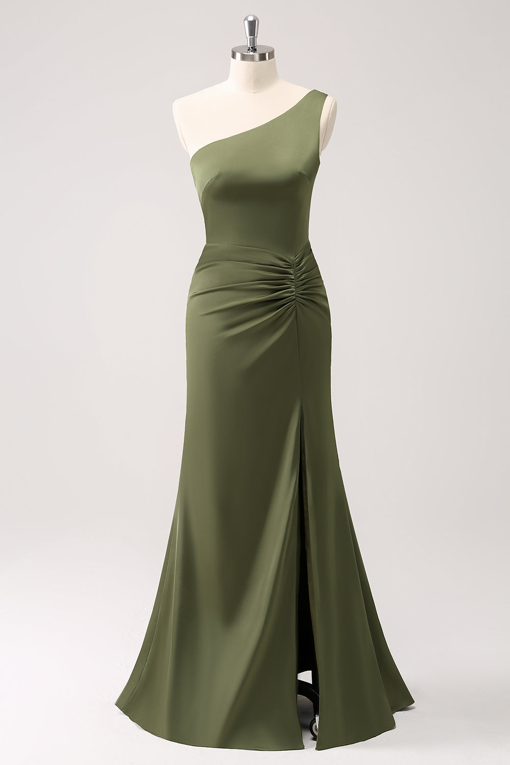 Olive One Shoulder Mermaid Long Bridesmaid Dress with Slit