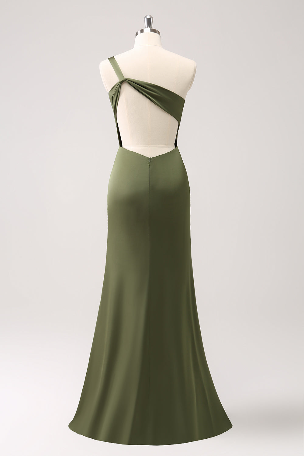 Olive One Shoulder Mermaid Satin Long Bridesmaid Dress