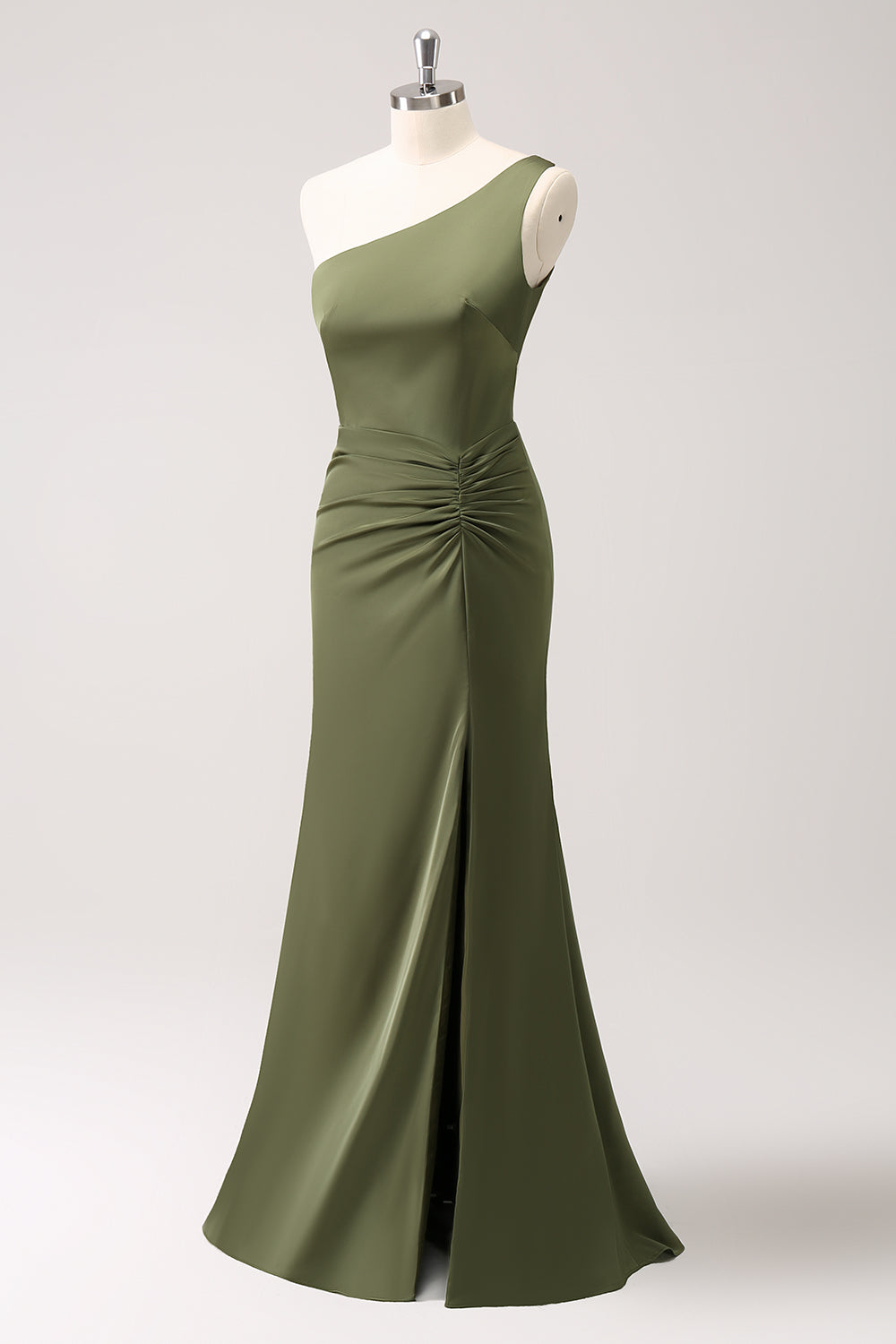 Olive One Shoulder Mermaid Satin Long Bridesmaid Dress