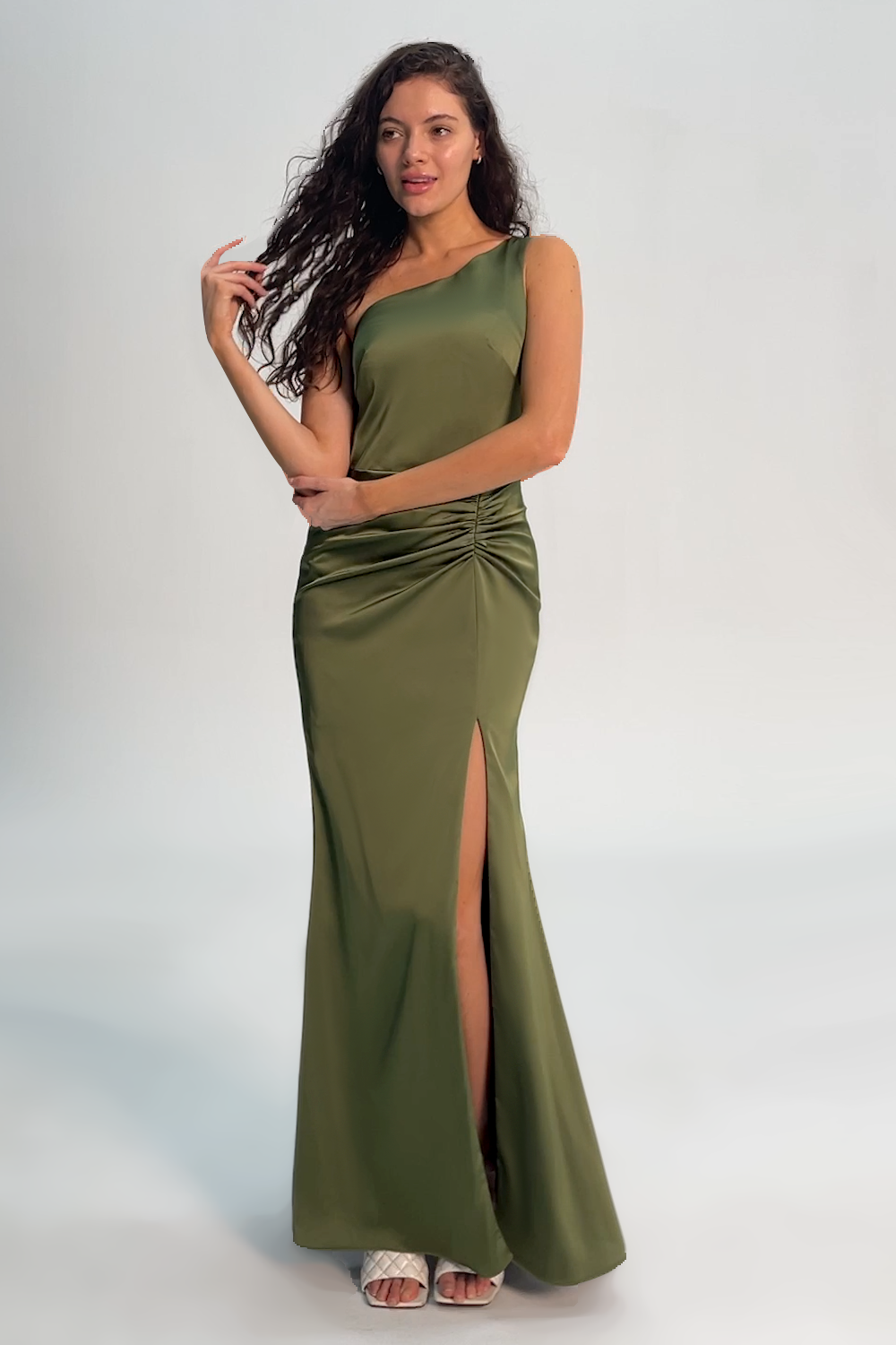 Olive One Shoulder Mermaid Long Bridesmaid Dress with Slit