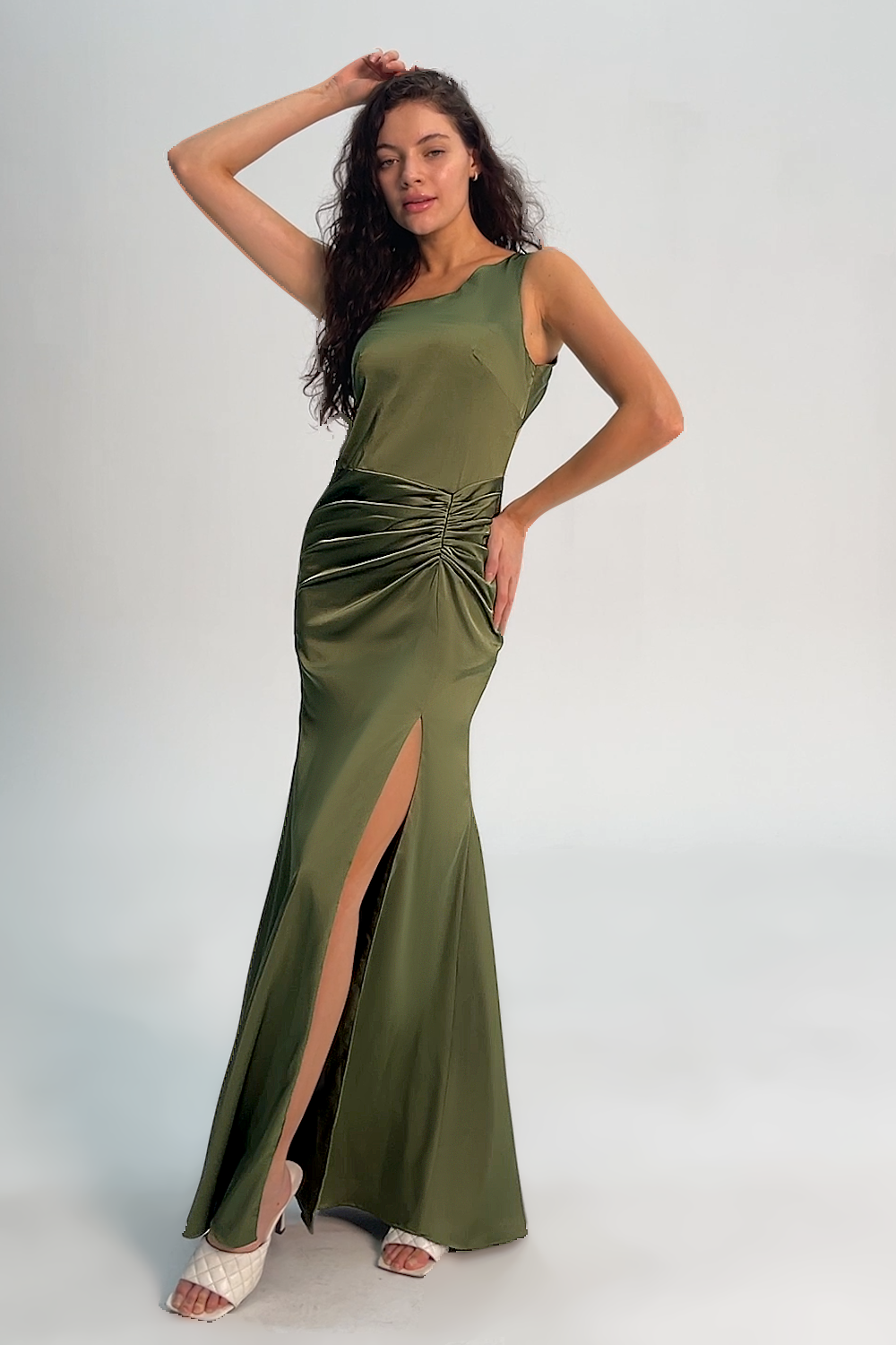 Olive One Shoulder Mermaid Long Bridesmaid Dress with Slit