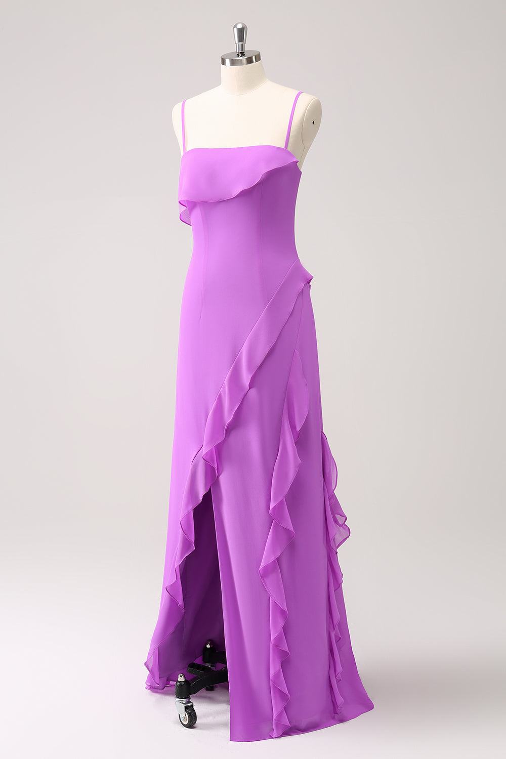 Tahiti Ruffled Spaghetti Straps Chiffon Long Bridesmaid Dress with Slit