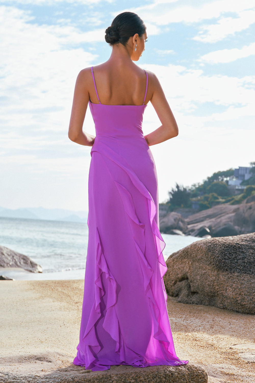 Tahiti Spaghetti Straps Chiffon Long Bridesmaid Dress with Ruffles