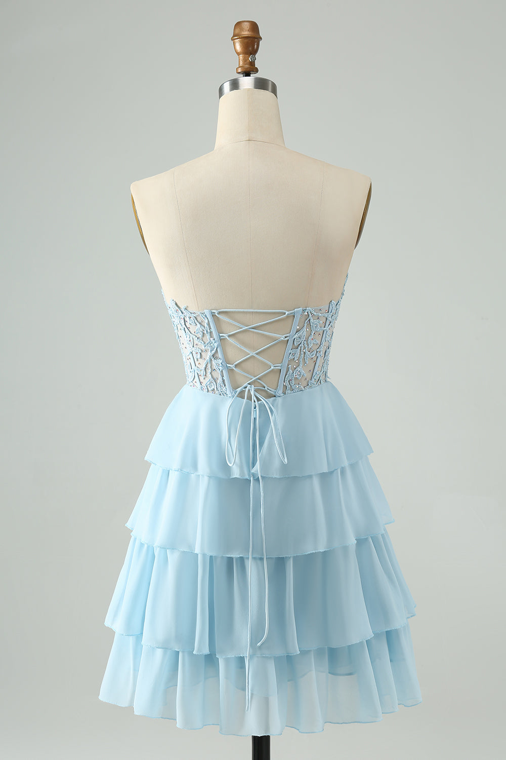 Light Blue A Line Sweetheart Tiered Short Homecoming Dress with Appliques