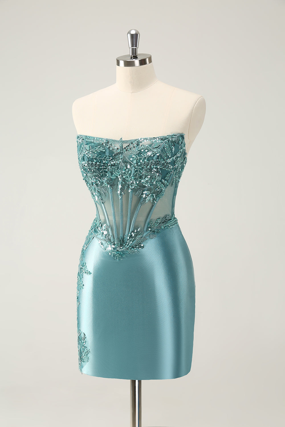 Glitter Peacock Tight Strapless Corset Short Homecoming Dress with  Appliques