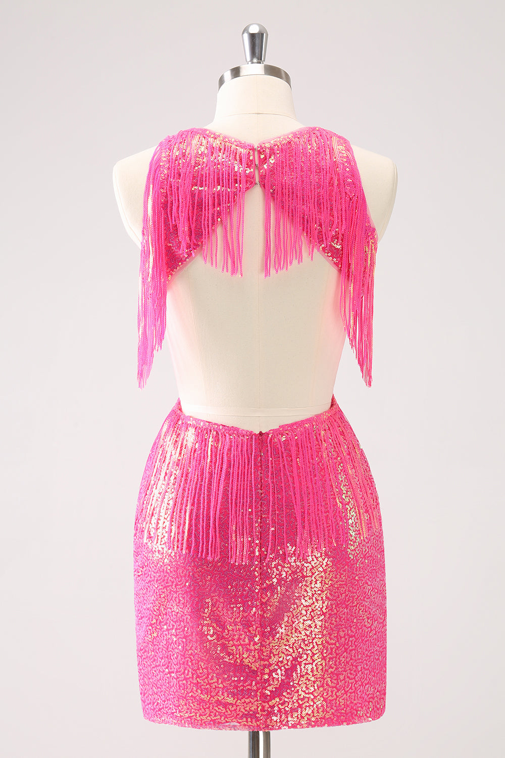 Sparkly Fuchsia V-Neck Backless Tight Homecoming Dress with Tassel