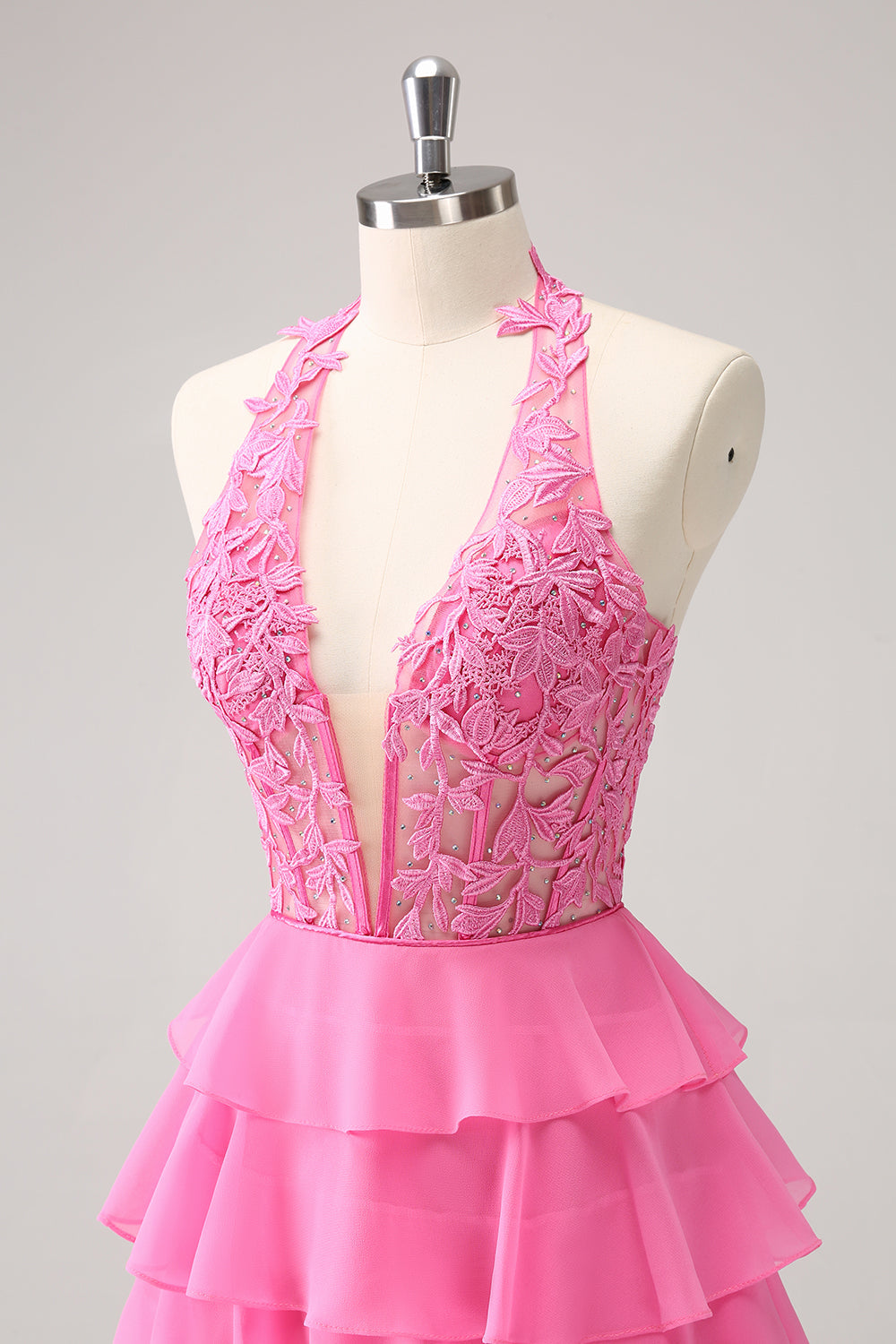 Hot Pink A Line Halter Tiered Corset Short Homecoming Dress with Ruffles