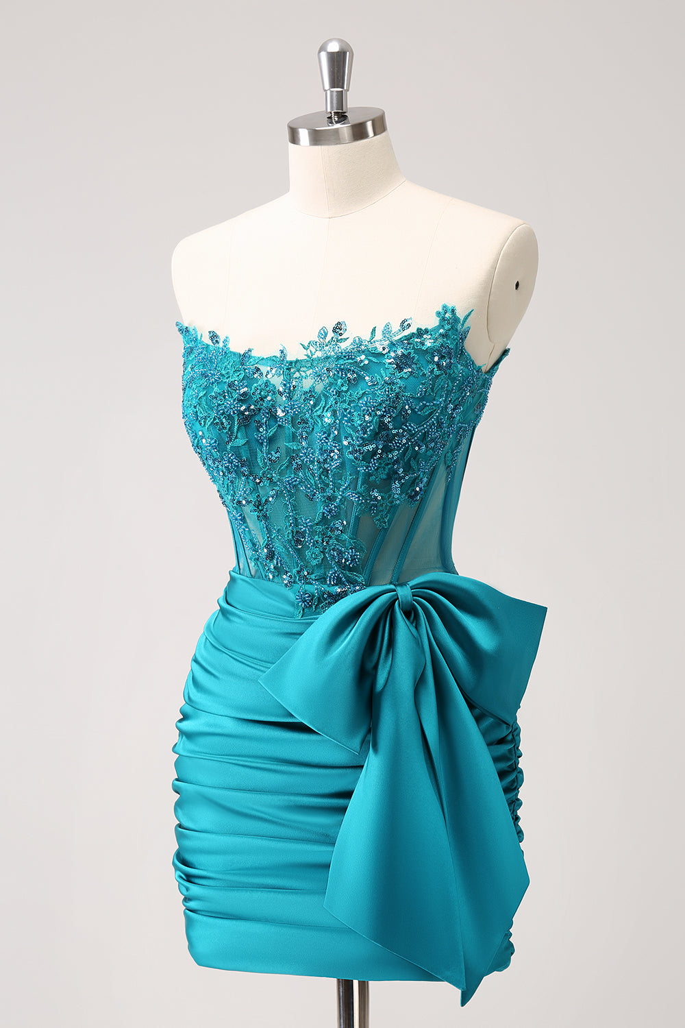 Sparkly Peacock Green Tight Strapless Beaded Applique Homecoming Dress with Bow