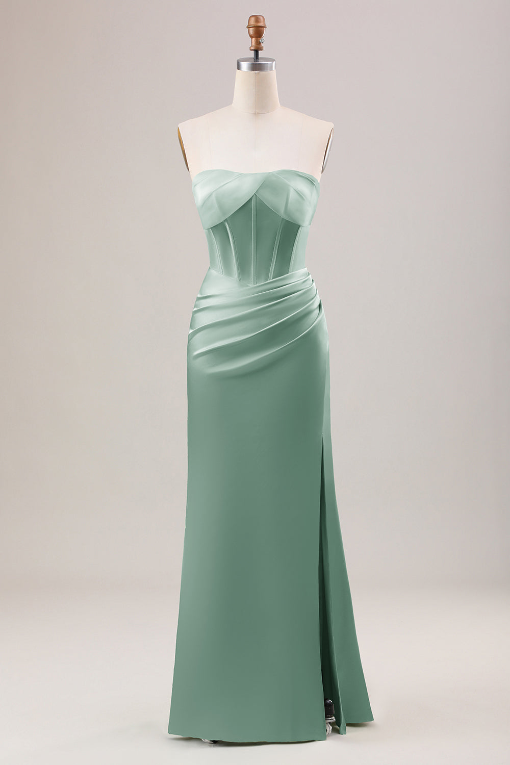 Green Sheath Corset Strapless Long Bridesmaid Dress With Slit