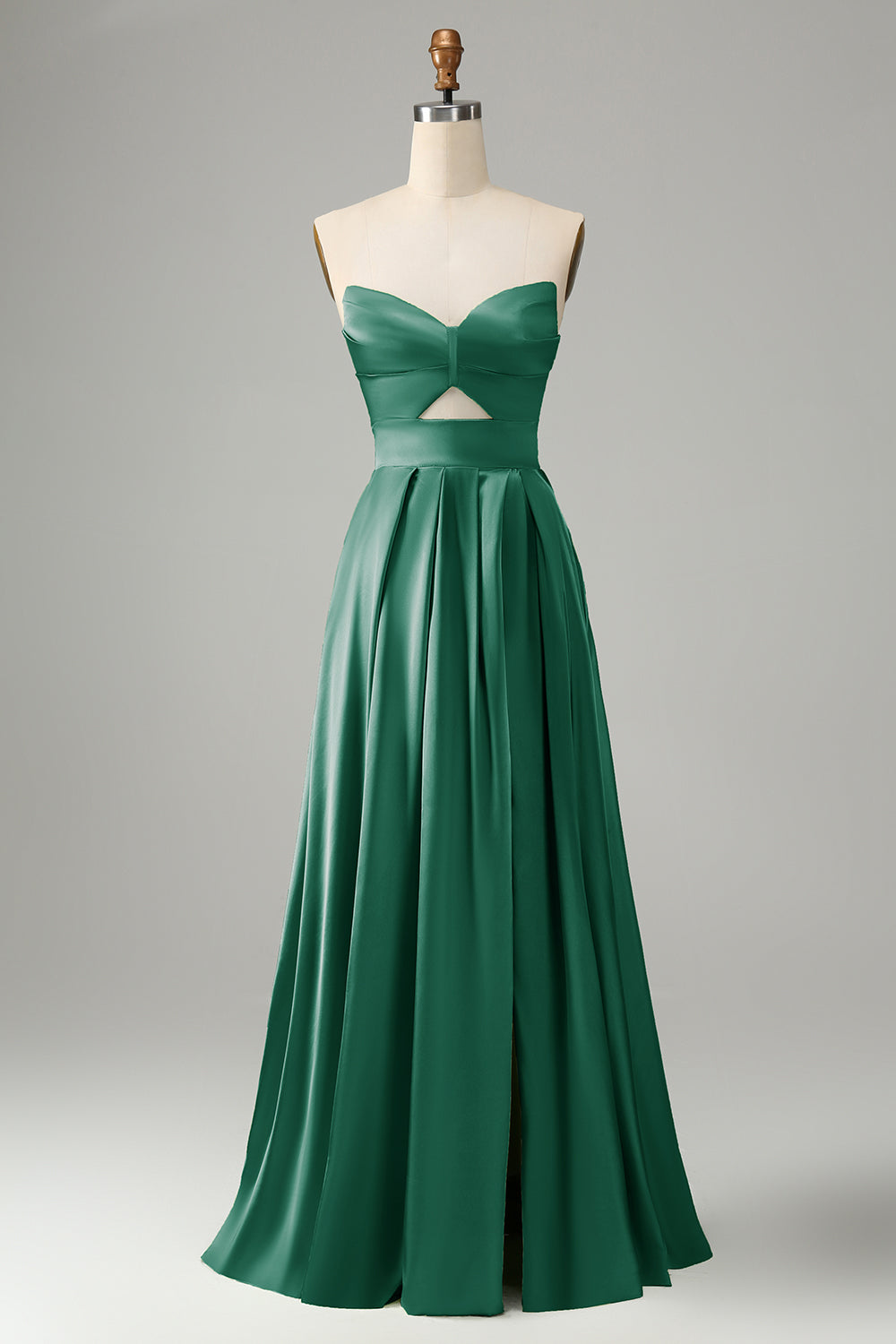 Green A Line Pleated Strapless Keyhole Bridesmaid Dress With Slit