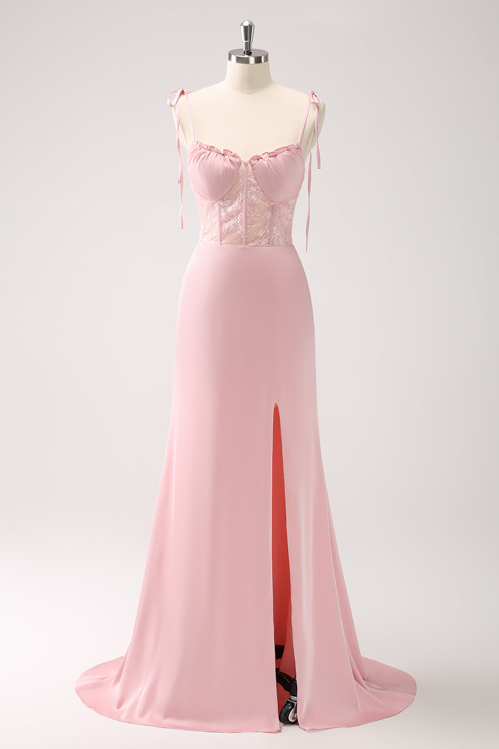 Pink Lace Corset Long Bridesmaid Dress with Slit