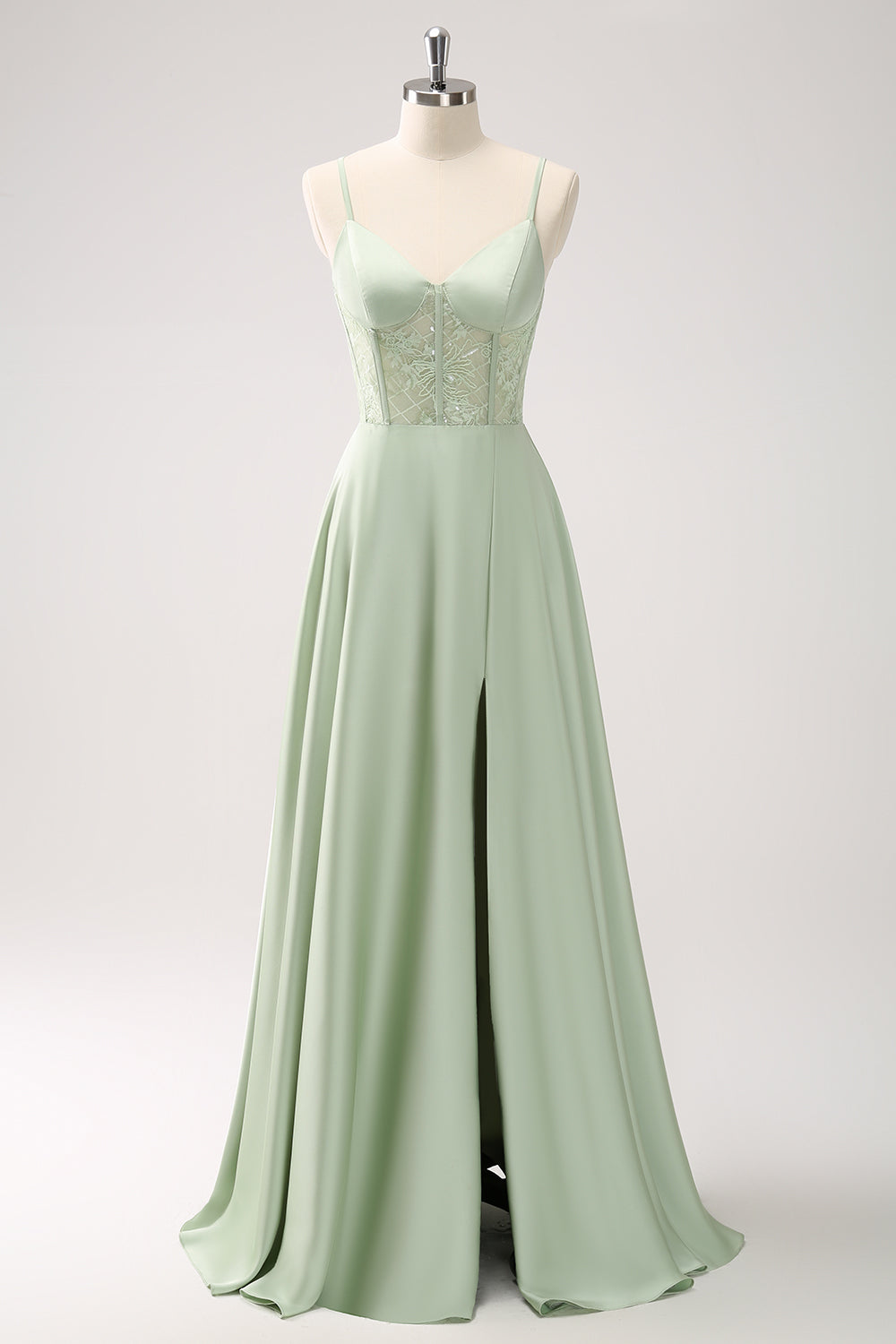 Satin Green Corset Lace Long Bridesmaid Dress with Slit