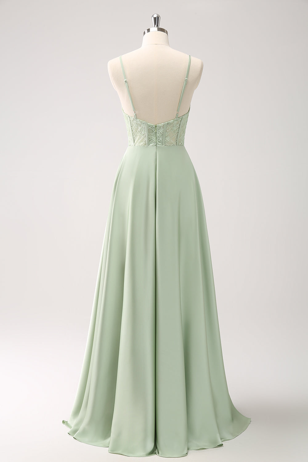 Satin Green Corset Lace Long Bridesmaid Dress with Slit