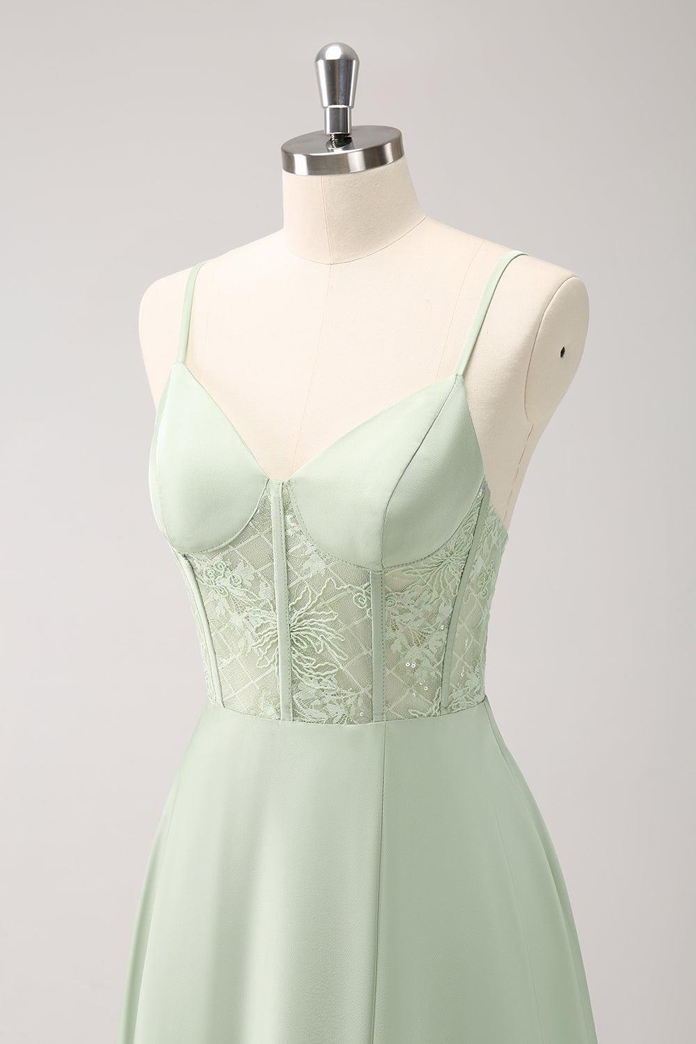 Green Spaghetti Straps A-Line Satin Long Corset Bridesmaid Dress with Slit