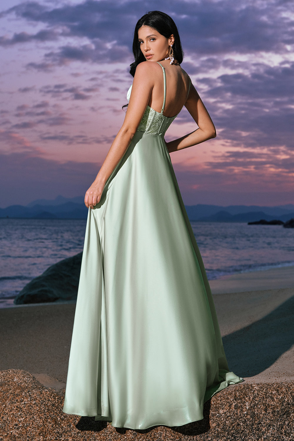 Satin Green Corset Lace Long Bridesmaid Dress with Slit